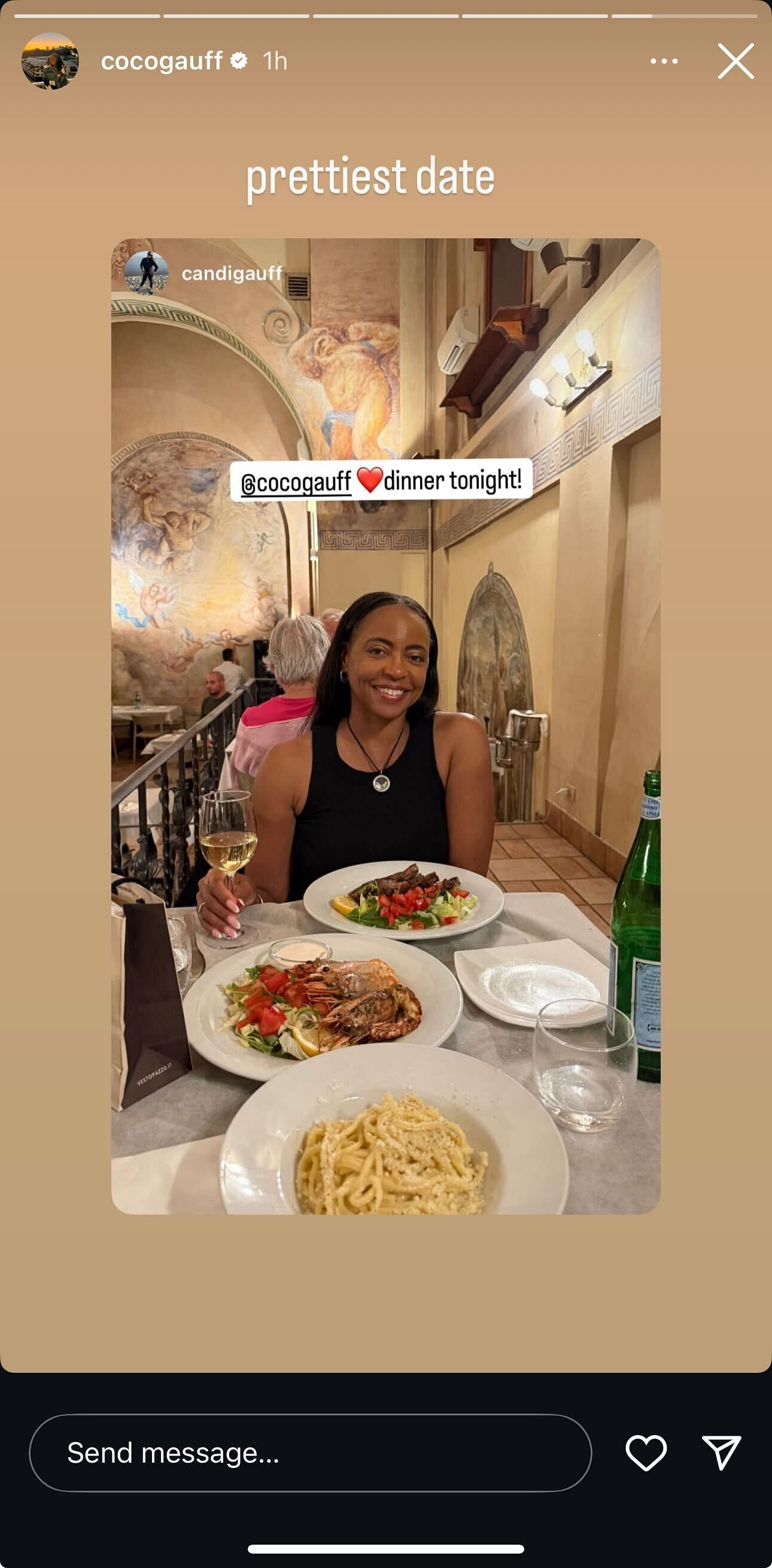 Gauff's Instagram Story featuring her mother Candi during their dinner date in Rome, dated Sunday, May 11, 2025 (Source: Instagram/cocogauff)